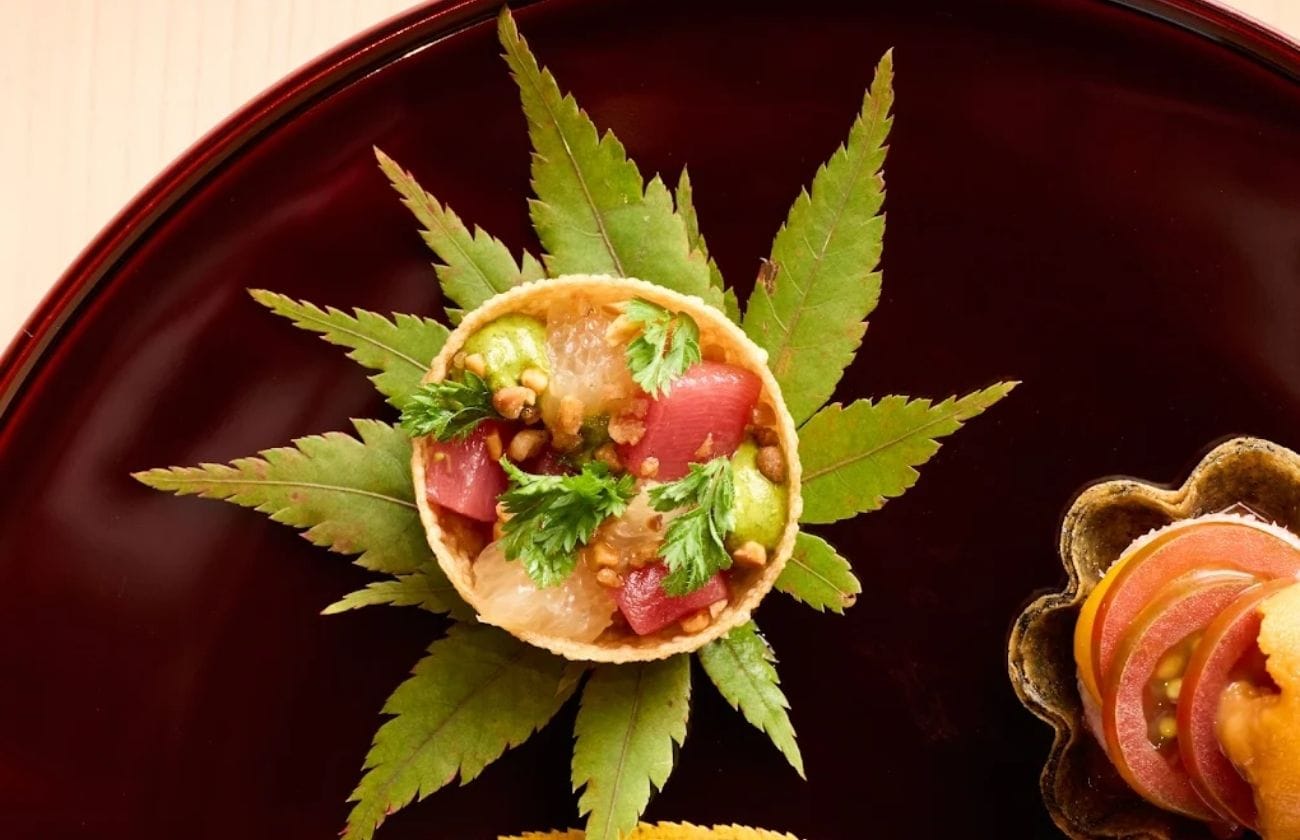 Seasonal bite at Yūgin served on a lacquer plate, arranged over fresh leaves with vibrant herbs and produce.