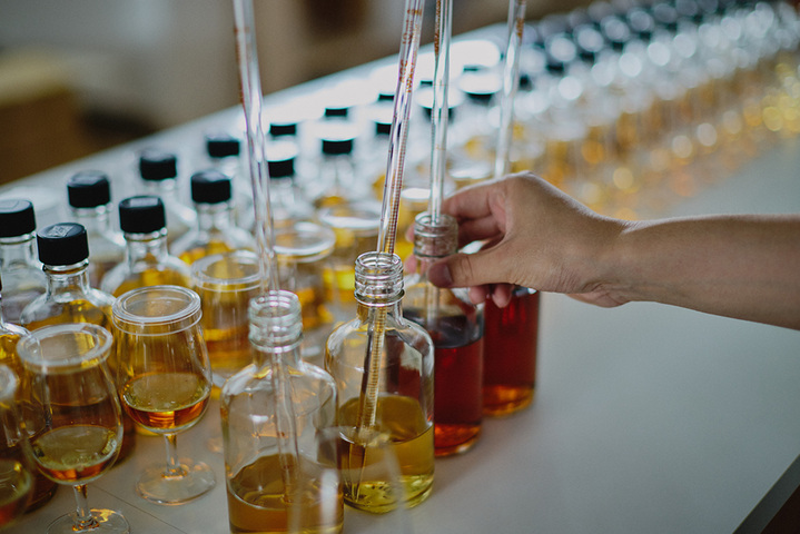Laboratory-style fermentation samples used to develop whisky flavor at Shindo Distillery in Japan.