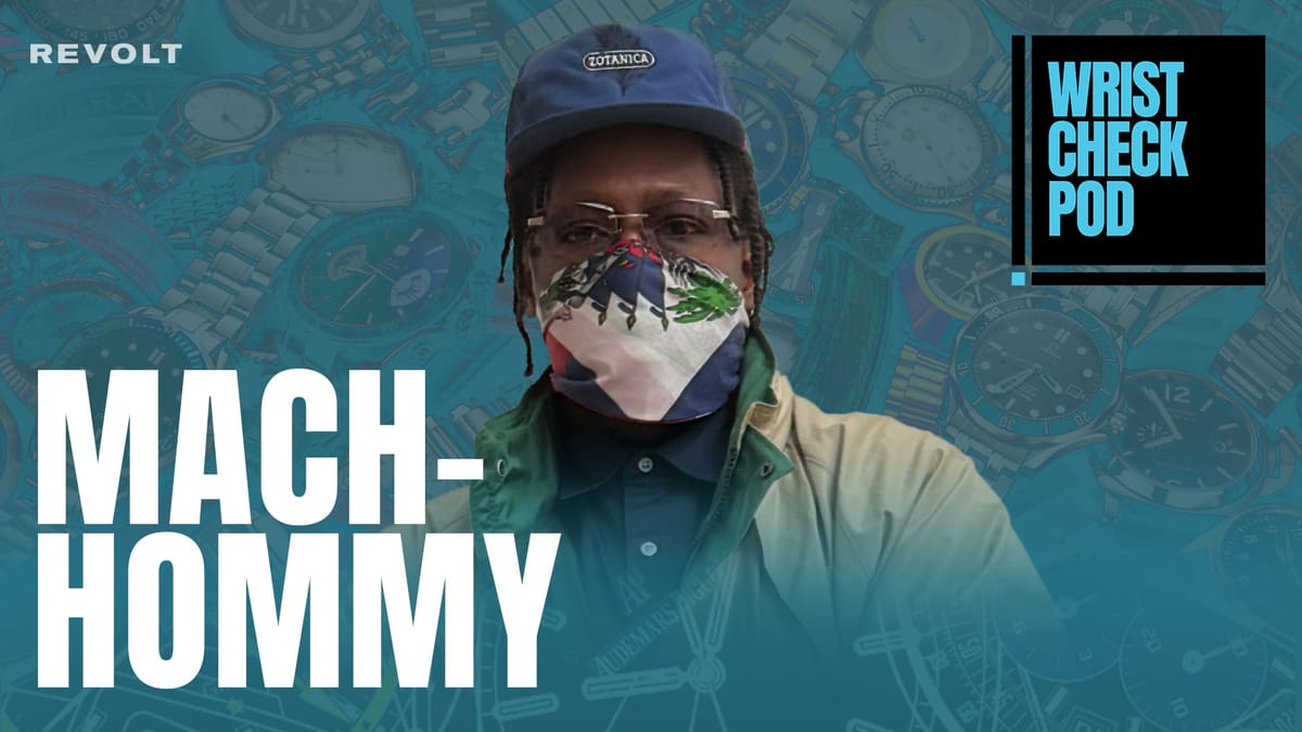 Mach-Hommy wearing a scarf over his face, Wrist Check Podcast title screen.